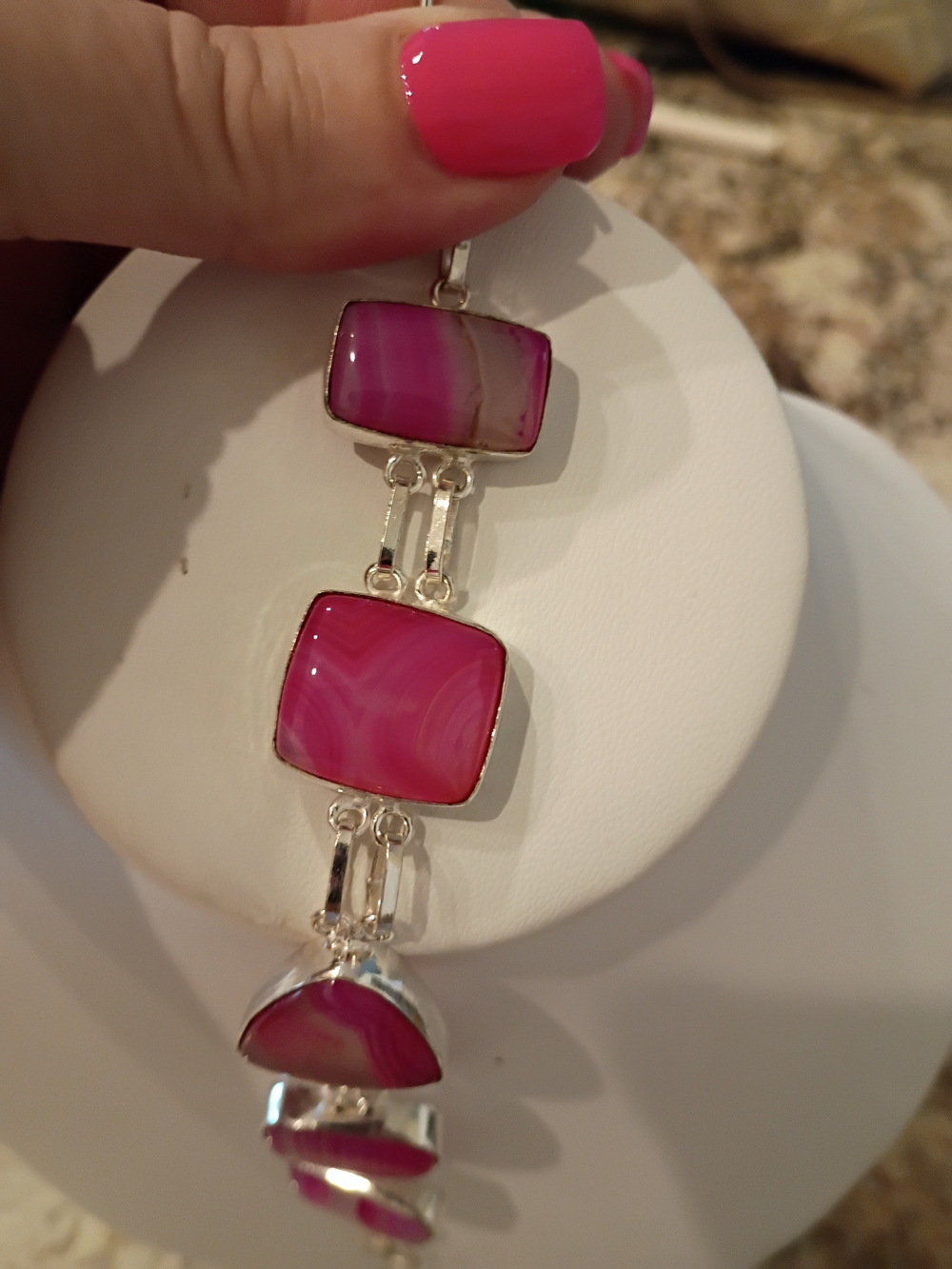 Pink Agate Statement Bracelet Really Beautiful Patterns In Stones! - Picture 2 of 7